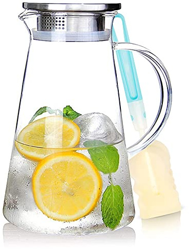 SUSTEAS 2.0 Liter 68oz Glass Pitcher with Lid, Easy Clean Heat Resistant Glass Water Carafe with Handle for Hot/Cold Beverages - Water, Cold Brew, Iced Tea & Juice, With 1 Long-Handled Brush Included