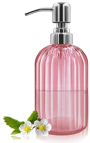 14 Oz Glas Seifenspender mit 304 Rostfreier Edelstahl Pumpe, Nachfüllbarer Hand Flüssigseifenspender für Badezimmer, Küche, Arbeitsplatte, Waschküche (Rosa)