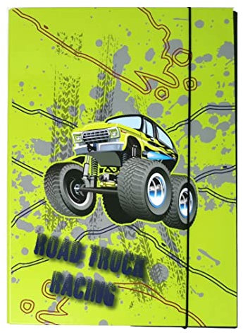 Kinder Heftbox A4 Heftmappe Ordner Mappe Sammelbox aus Pappe mit Gummizug Hefter für Jungen (Off Road Truck)