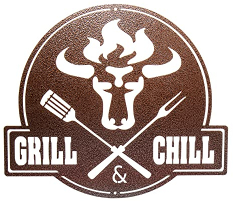 teileplus24 CG02 Gartenschild | Stier + Grill & Chill | 41 x 35,5cm | Stahl | Kupfer Antik