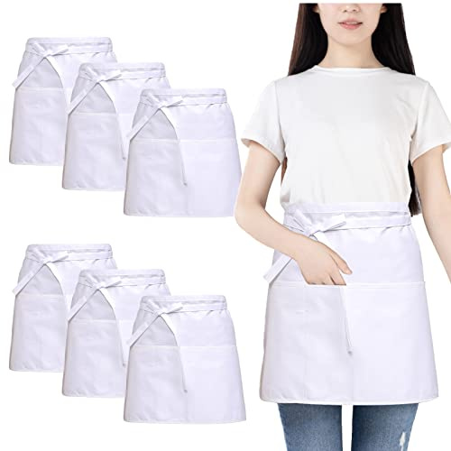 FunChaos 6 Pack White Waist Apron, Waitress Apron with 3 Pockets, Waterproof Half Aprons for Men and Women, Chef Aprons for Cooking Cleaning Painting Gardening Bistro Restaurant (White)