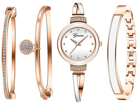 JewelryWe 4pcs Damenuhr Armreif Set Damen Strass Metallarmband Analog Quarz Uhr Kristall Armband Schmuckset Geschenke für Frauen