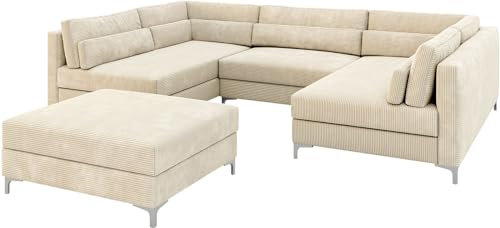 DELIFE Sofa Elio Cord Beige 300x185 cm mit Hocker Wohnlandschaft