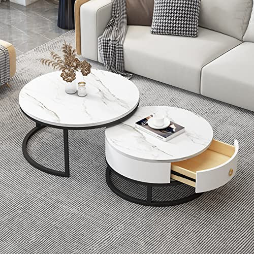 Runder Couchtisch 2er-Set, Beistelltisch-Set mit Schubladen, Sofatisch mit Schiefer-Marmor-Textur, Metallrahmen, moderner Teetisch für Schlafzimmer, Wohnzimmer, Möbel, Dekoration, multip