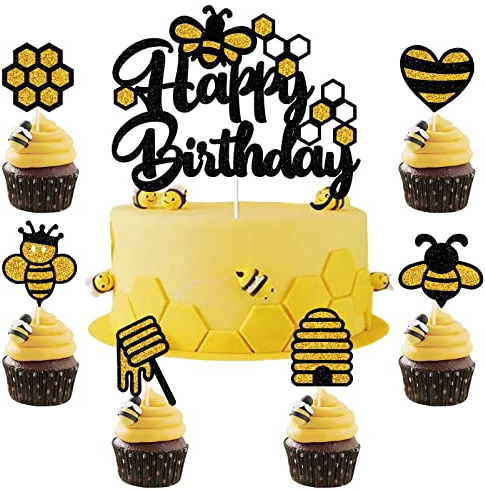13 Stück Biene Tortendeko Biene Kuchen Topper Golden Glitzer Geburtstag Kuchen Dekoration Bee Cupcake Topper für Kinder Baby Junge Mädchen Bee Thema Geburtstag Party Deko