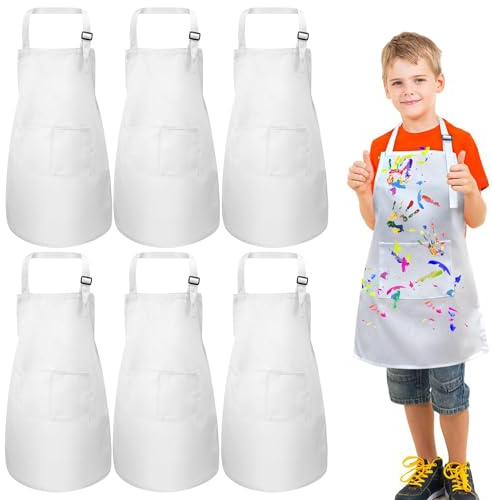 umboom 6 Pièces Enfants Tabliers Blanc, Tablier de Cuisine pour Fille Garçon, Réglable Enfants Peinture Tablier avec 2 Poches, Bambin Chef Tabliers pour Cuisson Jardin Artisanat École BBQ Fête