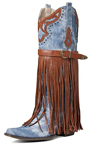 SaraIris Women's Western Boots Mid Calf Boots Buckle Strap Cowgirl Boots Chunky Heel Fashion Pointed Toe Knee High Embroidered Boots Pull On Fringe Boots for Women