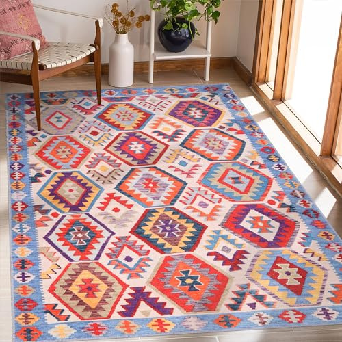 NETLINE HOME Washable Area Rugs for Living Room Traditional Carpet Low Pile Rug Non Slip Kitchen Rug - Decorative Floor Mat Boho Design Vintage Rug Foldable Hallway Carpets for Bedroom - Multicolor 2