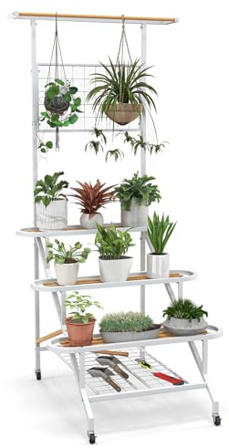 COSTWAY Pflanzenständer Metall, Pflanzenregal auf Rollen, Blumenständer mit Spalier & 3 Ablagen & Hängestange, Blumenregal für Garten Balkon Terrasse, Mehrzweckregal, 80 x 85 x 175 cm, Weiß