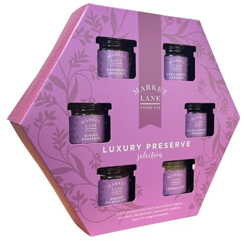 Luxury Preserves Selection Gift Set by Hampton - 6 x Jams and Preserves - Apricot, Strawberry, Cherry, Raspberry, Orange, Blackberry in Glass jars 42g each - Market Place by Hampton