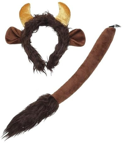 JNAWA 2 Pieces Bull Horns Costume Set Black Funny Bull Cow Ears and Tail Animal Halloween Cosplay Set for Devil Festival Theme Accessories