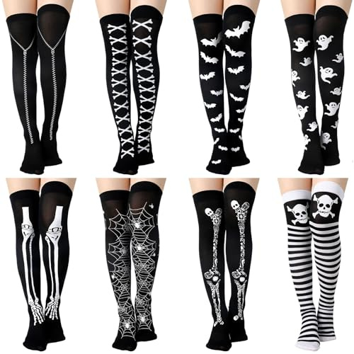 Geyoga 8 Pairs Thigh High Stockings for Women Gothic Skeleton Spooky Socks over Knee Long Socks for Halloween Cosplay(Medium,Scary,Black)
