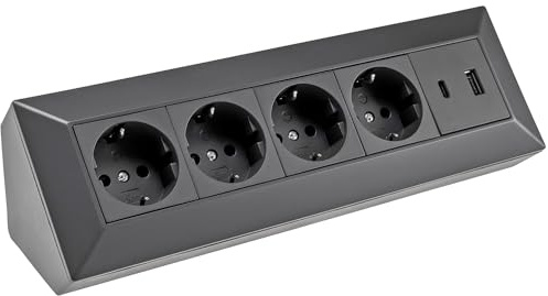 Hörn-flera uttag 4-vägs Schuko USB A+C för kök, kontor, verkstad. Grenuttag för köksbänk, inbyggt vägguttag – utan kabel, plast (svart)