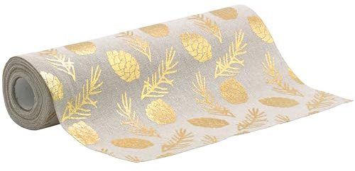 100%Mosel Tischläufer Weihnachten, Leinenoptik Natur, Zapfen Gold | Weihnachtstischläufer mit Zapfen in Gold; Tischdeko für Advent, Heiligabend, Silvester; 5 m Rolle, zuschneidbar