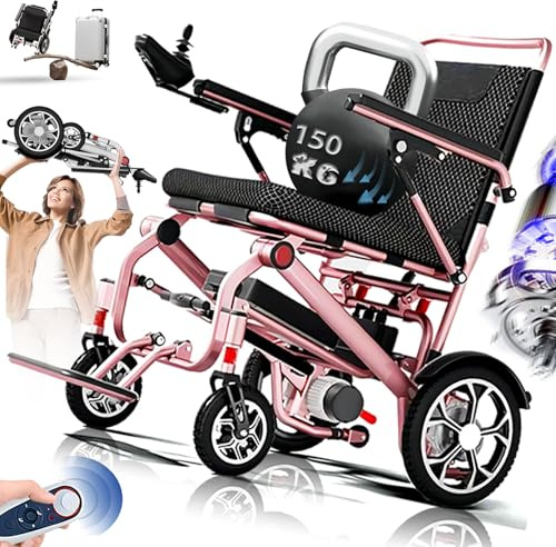ZQHQKJ Leichter Elektrorollstuhl Faltbar - 14,9 kg, 25-50 km Reichweite, 150 kg Tragkraft, Mit Dämpfung, Kompakt für Outdoor & Wohnung, Lithium-Akku, Ergonomisch, Reisegeeignet,Rosa,12A