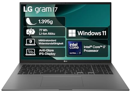 LG gram 17 17Z90TL-G.AU8BG (17 Zoll) IPS Notebook, Intel Core Ultra 7 258V, 32GB RAM, 2TB SSD, Intel Arc™ Graphics 140V, federleicht (1,389 kg), gram AI, Copilot+ PC, 77 Wh, Thunderbolt 4, Schwarz