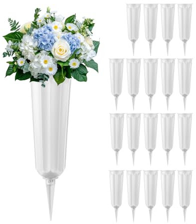 Lot de 20 vases funéraires en plastique avec piquet, décorations funéraires pour cimetière, support de fleurs funéraires (blanc)