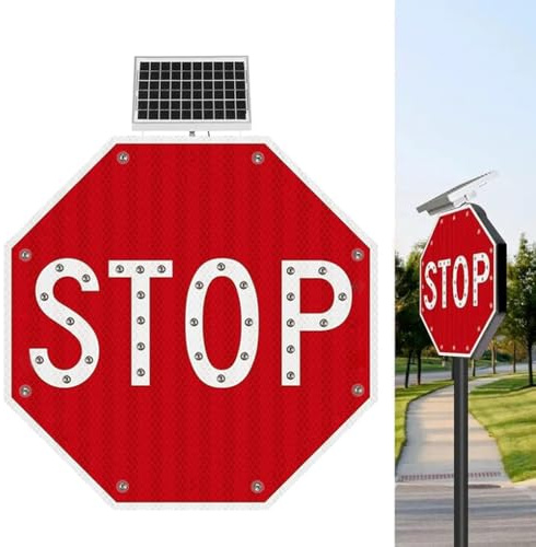 Solar led 24 Stop Sign, Solar Powered Reflective Flashing Stop Signs, Flashing LED Traffic Road Warning Sign with Engineer Grade Reflective Film