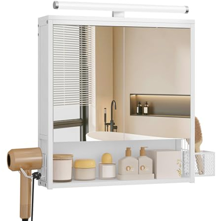 EUGAD Badezimmerschrank mit LED-Beleuchtung, Badezimmerschrank mit Spiegel, Badschrank hängend mit verstellbarer Ablage Halter Korb, Metall MDF, Weiß, 56x13,5x65 cm