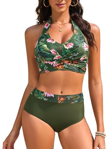 Nadeer Bikini Damen Set Bauchweg Badeanzug Zweiteiliger High Waist Bademode Sexy V Ausschnitt Neckholder Push Up Große Brüste Blumenmuster Swimsuit(Grün Blume,XL)