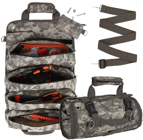 Tool Organizer Bag, Foldable Roll Up Heavy Duty Bag Organizer, Mechanic Carrying Toolbag with 2 Detachable Pouches, Gifts for Dad Men Birthday Father Day