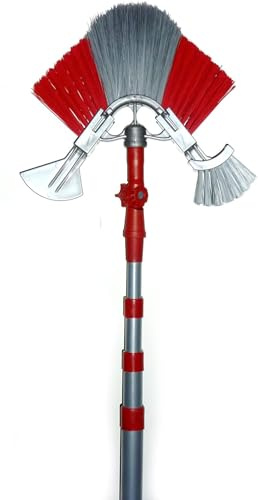 Dreieckbesen - Eckbesen - mit Teleskopstange - Spinnwebenbesen - Spinnenwebenentferner mit Dachrinnenbürste und Schaber Telskopstiel stufenlos verstallbar 390 cm