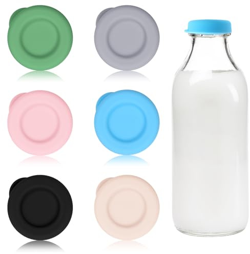 6Pcs Replacement Milk Bottle Tops - 48mm Diameter Silicone Mixed Tops, 6 Colors Colorful Glass Milk Bottle Lids, Leakproof Reusable Silicone Lids, for Stanpac & Libbey Milk Glass Bottles