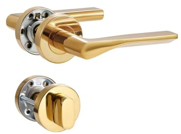 SORWDUERM Türgriff Pvd Gold Drückergarnitur, Edelstahl matt gebürstet, Türklinke Set für Haustür und Innentür, L-Form, Rund-Rosette,WC