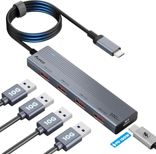 Aceele USB C Hub 10Gbps USB 3.2 Splitter with 100W PD Charging, Aluminum Powered USB C Extender with 3.3ft Extension Cable for PC, MacBook, PS4/5, Surface Pro, Dell