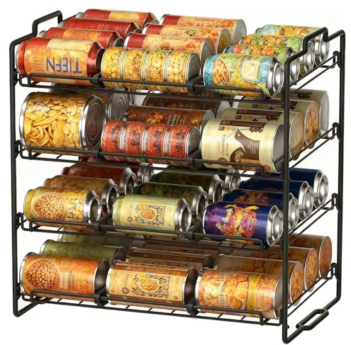 STEUGO 4 Ebenen Dosenregal-Organizer für die Speisekammer, Stapelbarer Dosenorganizer, Dosen-Organizer für die Speisekammer, Esszimmer, Aufbewahrung für 48 Dosen, Schwarz