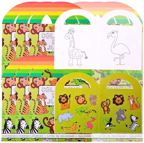 TE-Trend 12 stycken Zoo mini målarbok djungel målarbok barnset med 15 klistermärken vardera perfekt som present eller souvenir.