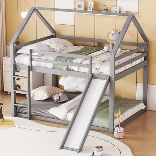 inliCare Lit superposé Enfant 140x200 cm avec Toboggan et échelle, lit cabane Double en Bois pour Chambre d’Enfant, Couleur Gris