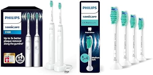 Philips Sonicare 3100 elektrische Zahnbürste, Schallzahnbürste, Zweierpack, Weiß + Philips Sonicare C1 ProResults, Original Ersatzbürstenköpfe, Weiß, 4er-Pack