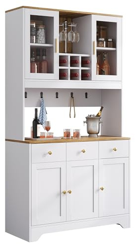 Merax Sideboard Hochschrank 94,5 x 30 x 175,5cm, mit Holzmaserung, Viel Stauraum mit 5 Türen, 3 Schubladen, Offene Fächer, Glastüren, für Wohnzimmer Esszimmer Rustikales Design, Montage facile, Weiß