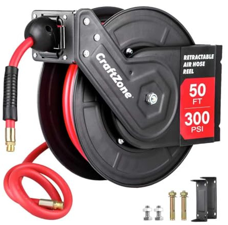 Retractable Air Hose Reel, Rewind 50 ft x 3/8 in Hybrid Air Hose Max 300PSI, Heavy Duty Air Compressor Hose Reel with Auto Rewind and Dual Arms，Ceiling/Wall Mount for Garage, Workshop, Home Studio