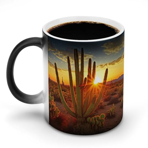 asbwuo Mug à changement de couleur - La tasse HeatMagic révèle un motif personnalisé : cactus au coucher du soleil dans le désert. Surprise amusante et originale !