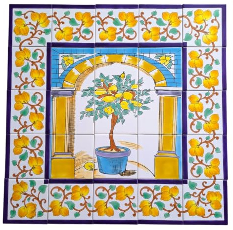Quadtratisches Fliesenbild mit Bordüren, Zitronenbaum 75cm x 75cm - Mediterrane Fliesen - handbemalte Fliesen Mosaik- Wandfliesen - Keramikfliesen - Mosaikfliesen - Tegel