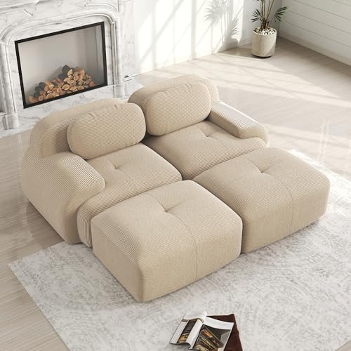 Modernes Cord Sofa Modular mit Chaiselongue, Rutschfeste Basis rutschfestes mit ergonomischen Armlehnen & hochelastischer Polsterung, modernes Sofa für Wohnzimmer &Schlafzimmer，Beige, 2-Sitzer+2