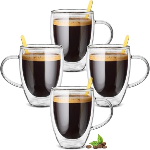 autumndeer Lot de 4 Tasse à Café Double Paroi en Verre à Café 350 ml - Résistants à la Chaleur (Lait, Cappuccino, Latte) - Empilables et Transparents - Idéaux pour Boissons Chaudes et Froides