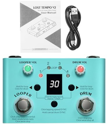 Glomora M VAVE LOST TEMPO 2-in-1-Mini-Drum-Machine und Looper-Pedal mit Stimmgerät, Dual-Fußschalter, 30 Drums, 4 Loops, 11-Minuten-Aufnahme, USB-Audio-Export, tragbares (With speed adjustment)