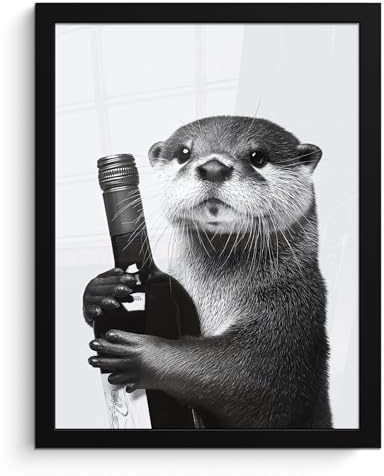 MuchoWow© Bilder mit Rahmen Poster Wanddekoration Wohnzimmer Deko Modern | 30x40 cm - Geschenke Bilderrahmen Wandbilder Posterleiste Weinflasche - Otter - Schwarz