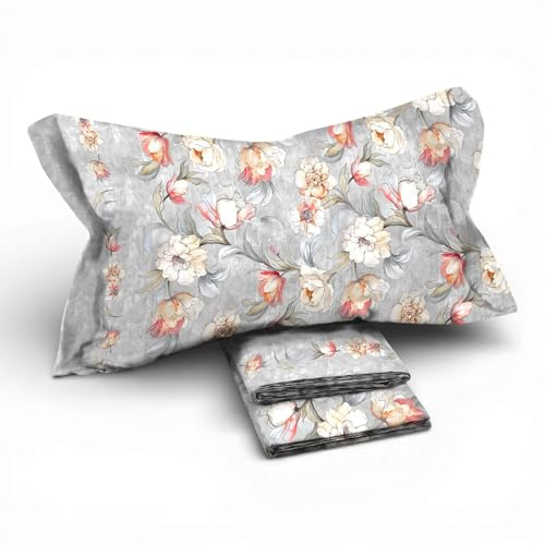 Tex family Completo Lenzuola Matrimoniale MAXI Fior di Perla Grigio 100% Cotone – Fantasia Floreale, Sotto con Angoli