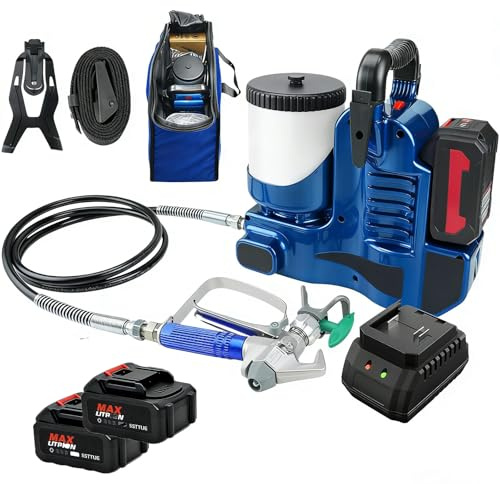 Sunseota Spruzzatore di Vernice airless a Batteria da 500 W, Pistola a spruzzo Portatile con Batteria al Litio, Serbatoio da 1,2 l, Pressione Massima di 15 MPa e Regolazione a 6 velocità 2battery