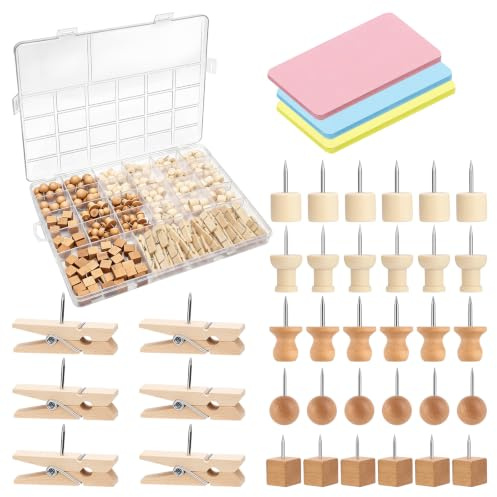 Lot de 220 punaises en Bois Boîte en Plastique Clous en Acier pour Plaque de liège Tête Ronde pour Tableau en liège Cartes Photos Calendrier Artisanat (6 Types)