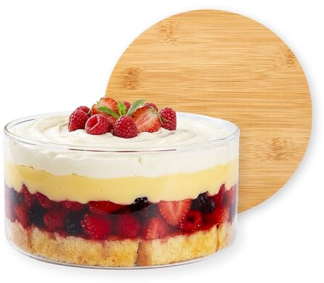 GRANDWISH 3L Large Glass Trifle Bowl with Lid, Modern Design Clear Glass Round Dessert Centerpiece Serving Bowl for Laying Ice Cream Cakes, Salad, Fruit, Microwave & Dishwasher Safe
