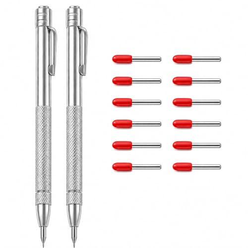 Pluvikon 2 Pcs Tungsten Carbide Scriber Set, Aluminium Engraving Pen with Replacement Marking Tips, Metal Scribe Tool with Non-Slip Aluminum Handle for Glass Ceramics Wood Metal Marking Engraving