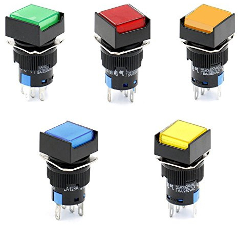 Woljay 16mm Druckschalter Schalter Druckknopf Square Kopf LED Lampe Rot Orange Grün Blau Gelb Licht DC 12V SPDT 5Pin 5 Stück