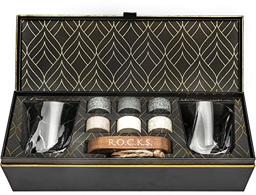 Whiskey Chilling Stones Gift Set - 6 Handcrafted Premium Granite Round Sipping Rocks - 2 Crystal Superior Glasses - Hardwood Presentation & Storage Tray - Elegant Gold Foil Gift Box by R.O.C.K.S.