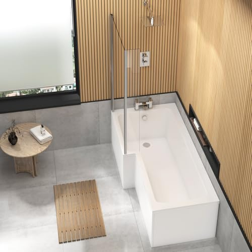 Qubix 1500 x 850mm Left Hand L-Shaped Shower Bath Bathtub with Front Panel Compact Bathroom Solution
