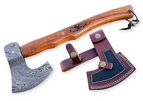 Dessi Viking Axe Hand Forged Damascus Steel Hatchet Tomahawk Leather Sheath Walnut Wood Handle Tiger Engraving Bushcraft Camping Gift Men SM14